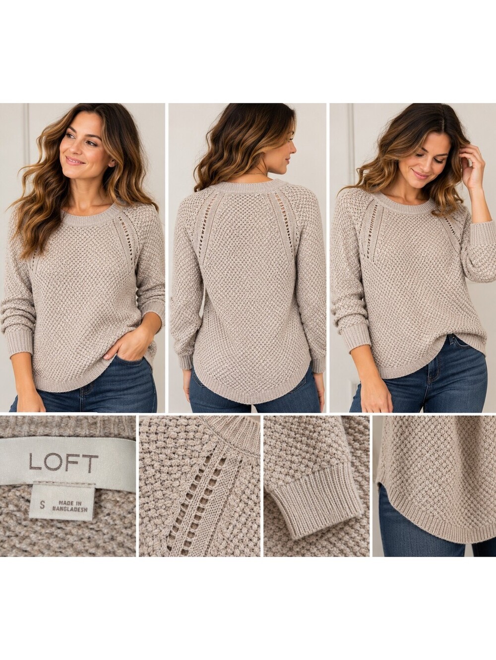 LOFT Textured Open Knit Sweater S Beige Wool Blend High Low Hem